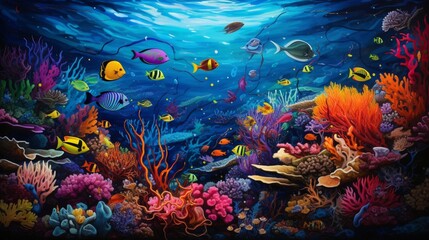 A vibrant coral reef teeming with life, a kaleidoscope of colors beneath the sea.