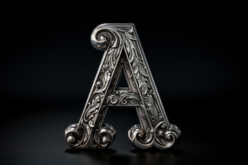 Old silver font design, alphabet letter A with metal texture and decorative floral pattern isolated on black background