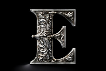 Old silver font design, alphabet letter E with metal texture and decorative floral pattern isolated on black background