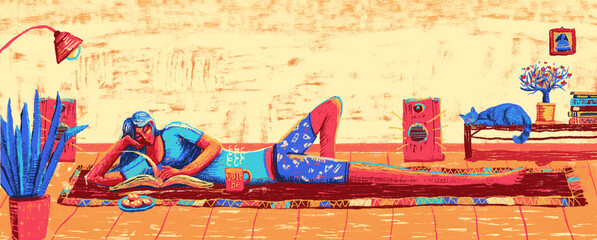 Illustration of a young woman lying on the floor and relaxing. She reads a book and drinks tea; A long horizontal banner for cover, header and website
