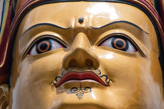 Dakshinkali, Nepal: details of the high statue of Guru Rinpoche (Padmasambhava, Born from a Lotus), tantric Buddhist Vajra master, built in 2012, overlooking Dollu and Pharping monasteries
