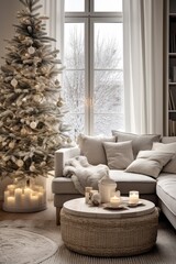 Modern stylish living room with a large window in pastel color with sofa, pillows and plaid. Сhristmas tree, burning candles on a beautiful wicker table, new year's decor 