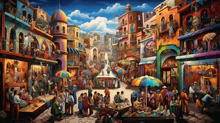 A vibrant market square, a mosaic of people, colors, and energy coming together.
