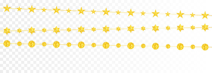 Christmas decoration png. Vector golden garland png. Garland with shiny toys. Gold decorations, sparkling toys.