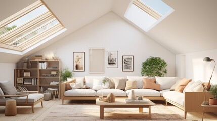 A well-lit Scandinavian living room in a cozy attic with sloping ceilings, showcasing minimalistic furniture and natural light filtering through the skylights.