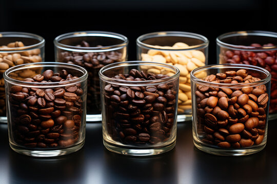 Glass containers hold coffee beans roasted to various levels