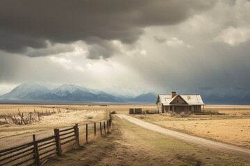 A secluded rural property in the San Luis Valley, Colorado, surrounded by mountains and storm clouds in February. Generative AI - obrazy, fototapety, plakaty