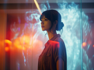 A young woman stands in a room filled with colorful light