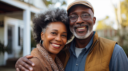 Portrait of a happy mature black couple in their home outdoors.