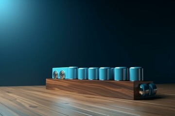 3D render of battery on wooden surface against blue wall. Generative AI