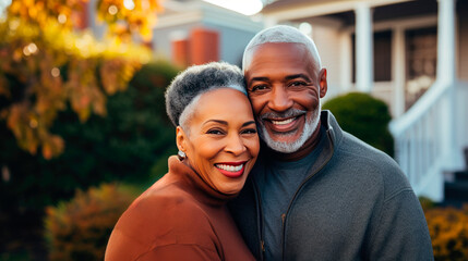 Portrait of a happy mature black couple in their home outdoors. - obrazy, fototapety, plakaty