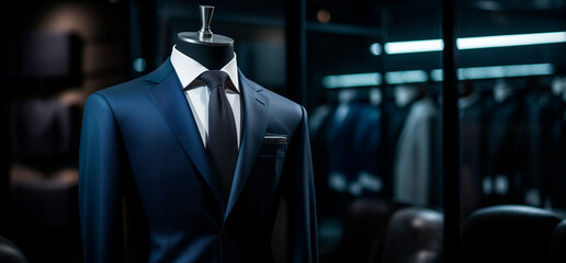 Men's shirt in the form of dark blue suits on a mannequin in the atelier.	
 - obrazy, fototapety, plakaty
