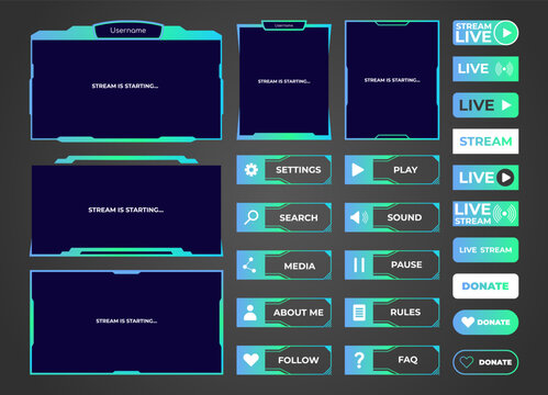 Streaming screen panel overlay design template neon theme. Vector border UI frame to game interface stream illustration