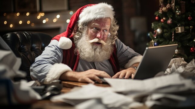santa claus Overwhelmed at the Office Working with a Heap of Papers
