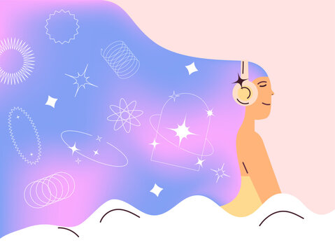Young woman with headphones listening to music. Y2k star. Concept of relaxation, good mood, rest. Flat vector illustration. Vector illustration © Andrii