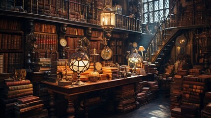An antique bookshop, shelves filled with dusty tomes and the scent of history in the air. - obrazy, fototapety, plakaty