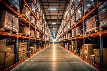Warehouse interior with rows of cardboard boxes and shelves. Industrial background. High angle view of shelves and boxes in warehouse. This is a freight transportation and distribution warehouse. - obrazy, fototapety, plakaty