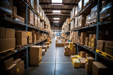 Warehouse interior with rows of cardboard boxes and shelves. Industrial background. High angle view of shelves and boxes in warehouse. This is a freight transportation and distribution warehouse.