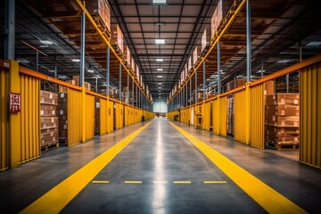 Fototapeta premium Warehouse interior with rows of cardboard boxes and shelves. Industrial background. High angle view of shelves and boxes in warehouse. This is a freight transportation and distribution warehouse.