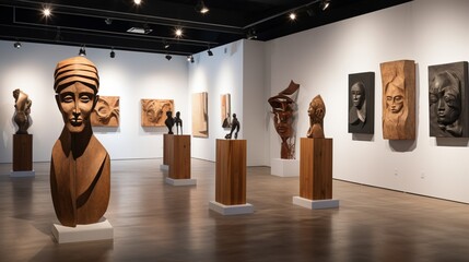 An art gallery featuring a contemporary exhibition of sculptures and installations.