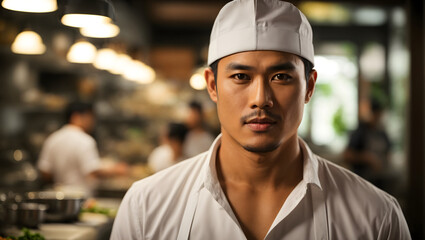 Discover the culinary magic created by a poised and professional male chef, framed by the gentle blur of a kitchen ambiance.