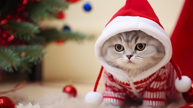 Adorable cat in Christmas outfits, cat wearing Christmas Santa claus costume, christmas tree on the background, copy space for text