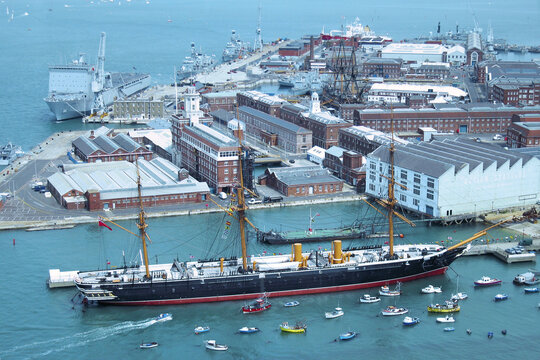 Aerial view of the Portsmouth Historic Dockyard and Royal Naval Dockyard