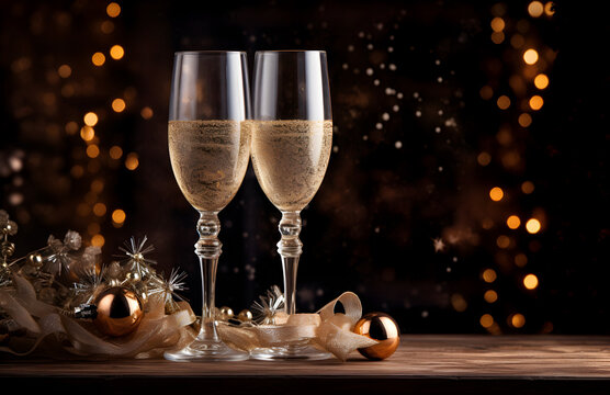 glasses champagne, Champagne festive cheers, gold sparkling bokeh, sparkling wine,golden christmas particles, bright gold bokeh, champagne confetti, Night celebration concept, celebration concept