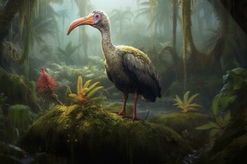 A bird with a massive beak perched on a boulder amidst lush vegetation. Generative AI