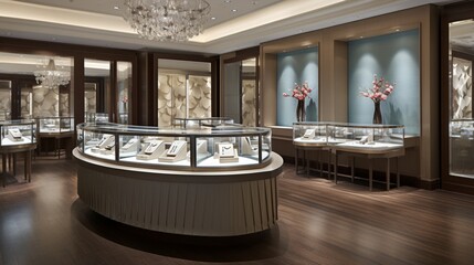 An elegant jewelry store with glass display cases and dramatic accent lighting. - obrazy, fototapety, plakaty