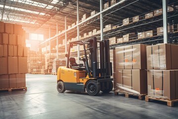 Forklift loader in warehouse. Distribution warehouse. Industrial background. Package tracking. Warehouse space. Logistics ways.

