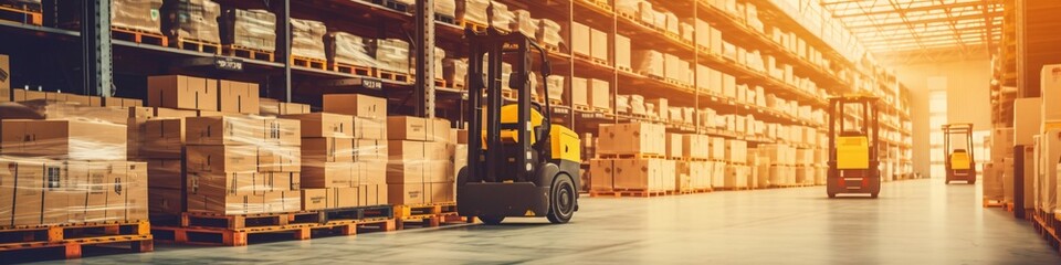 Forklift loader in warehouse. Distribution warehouse. Industrial background. Package tracking. Warehouse space. Logistics ways.
 - obrazy, fototapety, plakaty