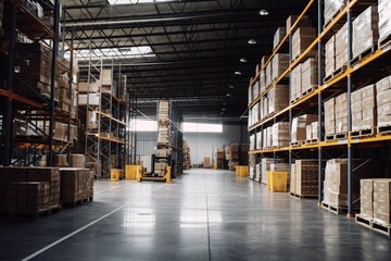 Warehouse interior with rows of cardboard boxes and shelves. Industrial background. High angle view of shelves and boxes in warehouse. This is a freight transportation and distribution warehouse.