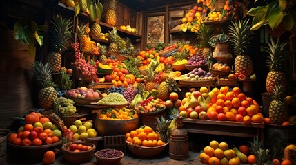 An exotic fruit market, a sea of vibrant colors and textures that tantalize the senses. - obrazy, fototapety, plakaty