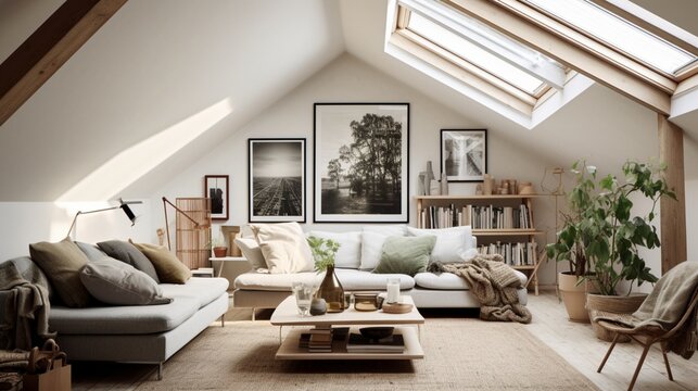 An image of a chic Scandinavian attic living room with high, beamed ceilings, adorned with tasteful artwork and textiles.
