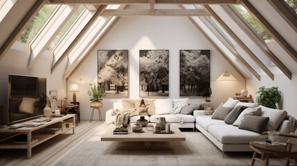 An image of a chic Scandinavian attic living room with high, beamed ceilings, adorned with tasteful artwork and textiles. - obrazy, fototapety, plakaty