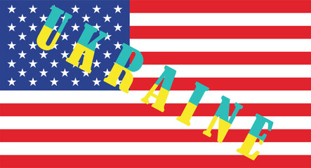 Vector drawing with the inscription 
of the name of the country of ukraine (font with
pattern of yellow blue national ukrainian flag)
on the background of stars and stripes 
of usa flag.