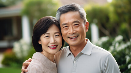 Obraz premium Portrait of a happy mature asian couple in their home outdoors.