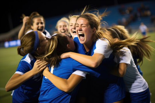 Fototapeta Group of young female soccer players celebrating victory