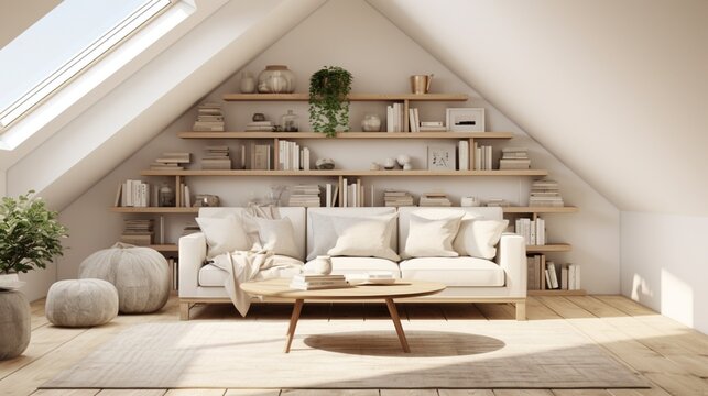 An image of a Nordic-inspired attic living room, featuring a predominantly white color scheme and elements of timeless simplicity.