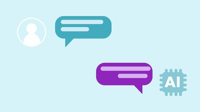 Animation of a chat with an AI chat bot in a chatroom. Chatting with an artificial intelligence. AI answering questions via chat. Blue background and green screen background.