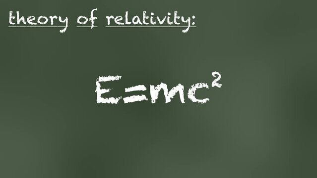 Famous E=mc2 equation, animated. Relativity theory formula written with chalk on a board in a classroom.