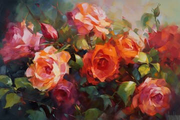 vibrant oil painting of roses. Generative AI