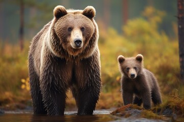 The image showcases an elegant bear and its adorable cub in the taiga. Generative AI