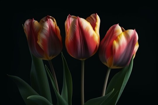 3D rendered tulip flower on black background. Generative AI