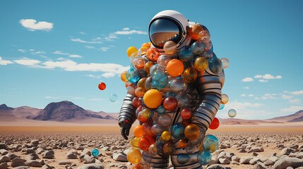 A cosmonaute in the desert, a bunch of colorful balls came out of the backpack and scattered on the ground