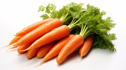 Bunch of fresh carrots with green leaves isolated on white background.