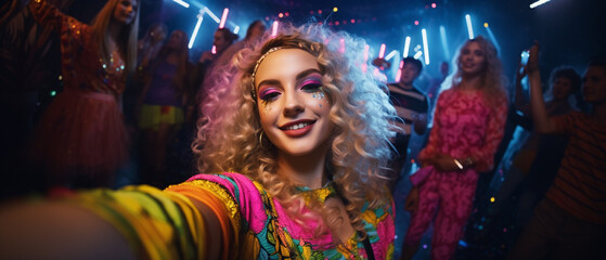 Obraz na płótnie Canvas Menina Jovem em uma festa com roupas coloridas tirando uma selfie 