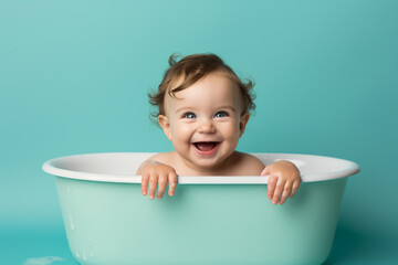 Bebe tomando banho feliz na banheira verde agua sorrindo - Papel de parede