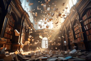 A large, bright library with high bookshelves and flying books. Generated by artificial intelligence